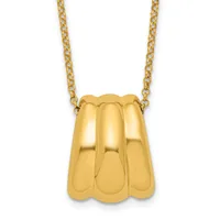 Gold pendant necklace featuring a scalloped rectangular charm suspended from a curb chain.