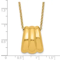 Gold pendant necklace with a scalloped shell-shaped charm hanging from a chain, shown next to a measurement scale indicating approximately one inch in width.