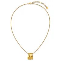Gold-toned chain necklace with an adjustable length featuring a small textured gold pendant and an extender chain with a disc charm.