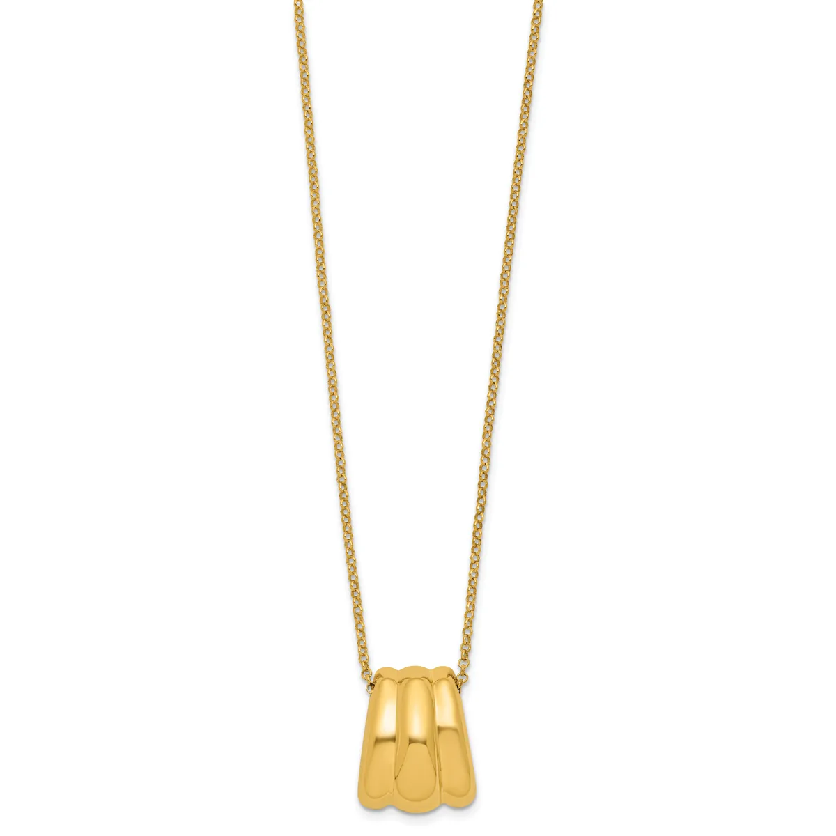 Gold pendant necklace with three vertical ribbed cylindrical sections hanging from a delicate chain.