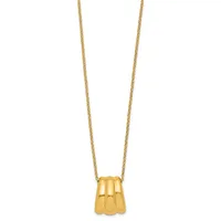 Gold pendant necklace with three vertical ribbed cylindrical sections hanging from a delicate chain.