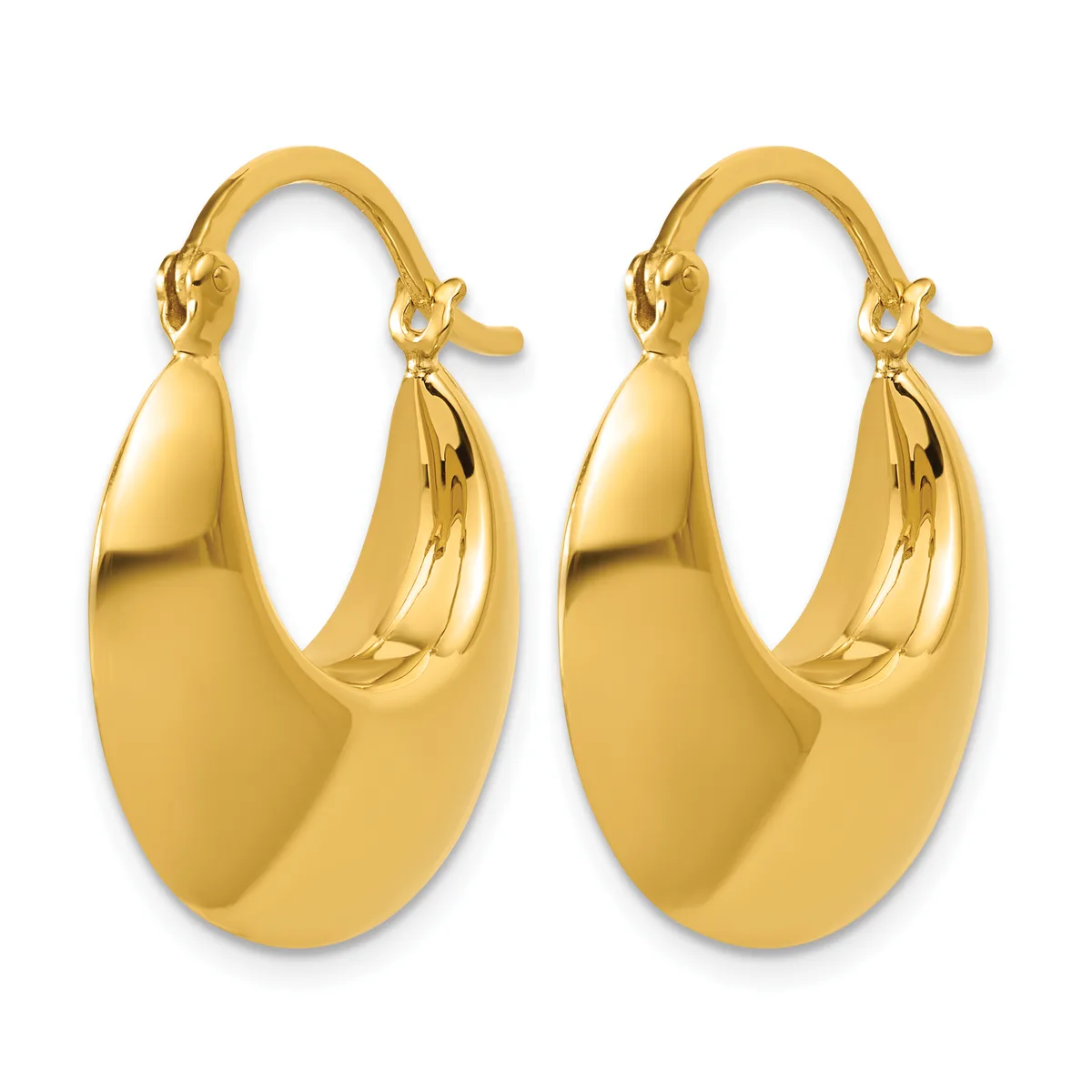 A pair of polished gold hoop earrings with a chunky oval shape and hinged closures, displayed against a white background.