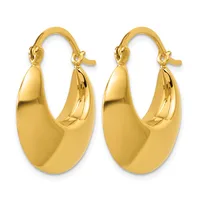 A pair of polished gold hoop earrings with a chunky oval shape and hinged closures, displayed against a white background.