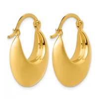 A pair of polished gold hoop earrings with a curved, tapered oval shape and hinged posts displayed against a white background.