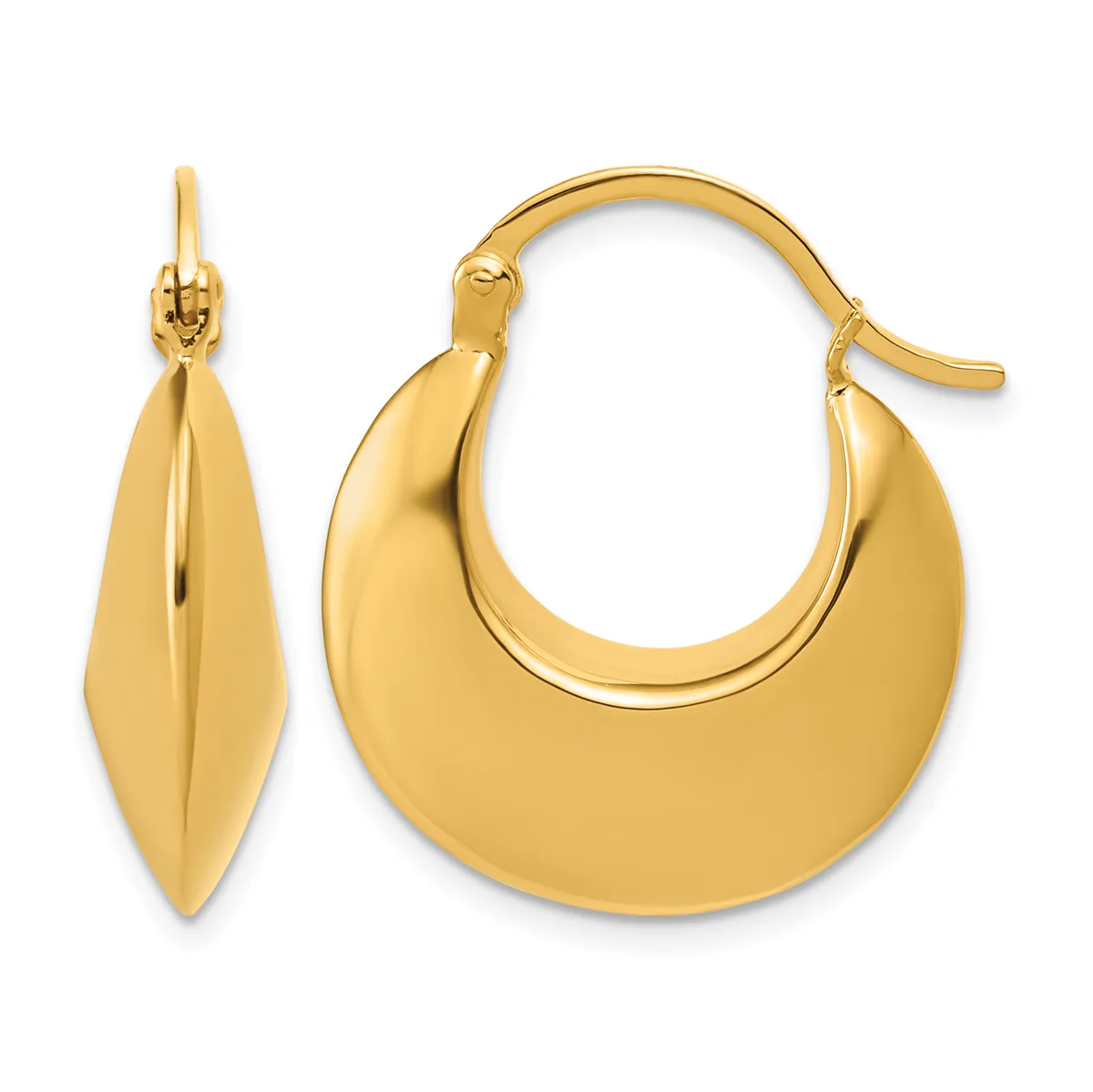 A pair of polished gold hoop earrings shown from the front and side, featuring a curved crescent shape with a hook-style closure.