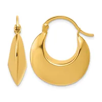 A pair of polished gold hoop earrings shown from the front and side, featuring a curved crescent shape with a hook-style closure.