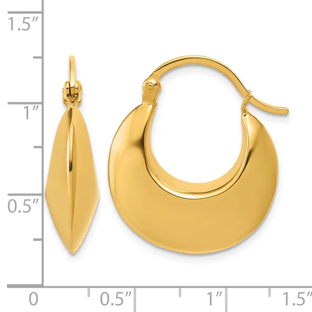 Pair of polished gold hoop earrings with curved hook closures, displayed against a measurement scale showing approximately one inch in height.