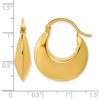 Pair of polished gold hoop earrings with curved hook closures, displayed against a measurement scale showing approximately one inch in height.