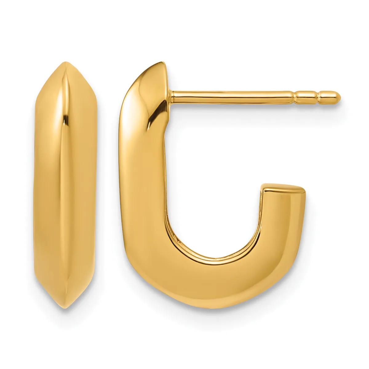 A pair of polished gold hoop earrings with pointed oval tops and curved U-shaped bottoms, shown front and side view with posts and backs.