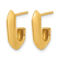 A pair of polished gold hoop earrings with a curved, elongated oval shape and post backs, shown from the front.