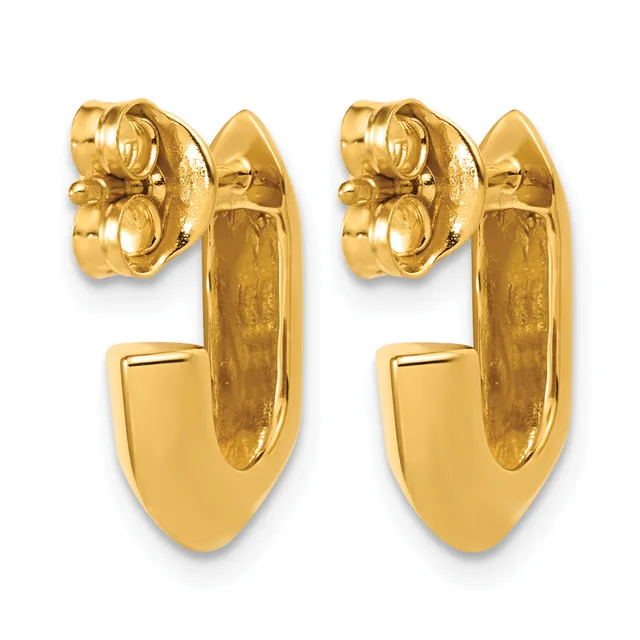 A pair of gold hoop earrings with a curved shield-shaped design, shown from the front and back, with post and butterfly back closures.