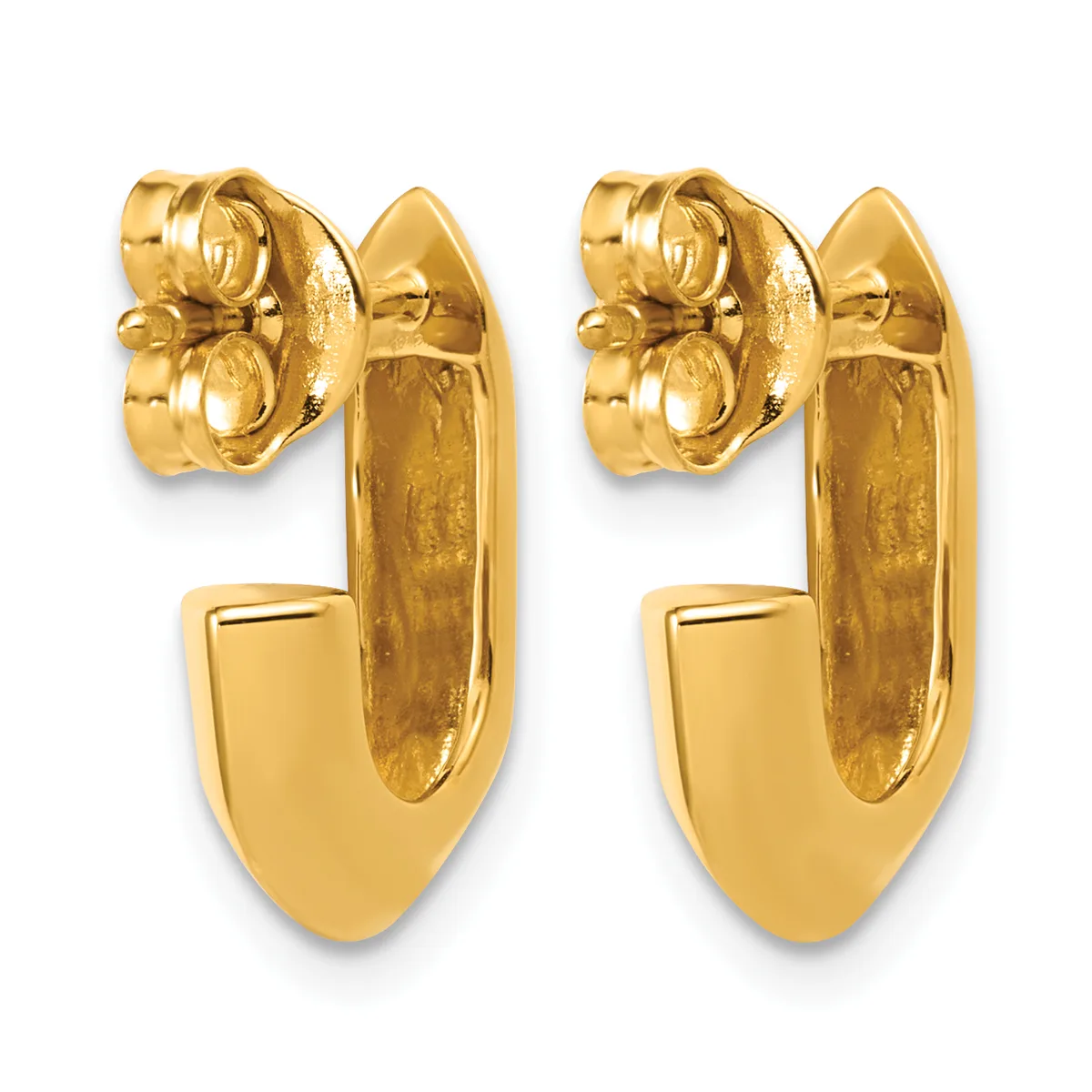 A pair of gold hoop earrings with a curved shield-shaped design, shown from the front and back, with post and butterfly back closures.