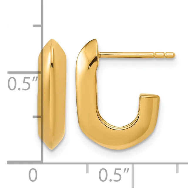 Pair of polished gold hoop earrings with curved U-shaped design and post backs, shown with measurement scale indicating approximately 0.5 inches in width.