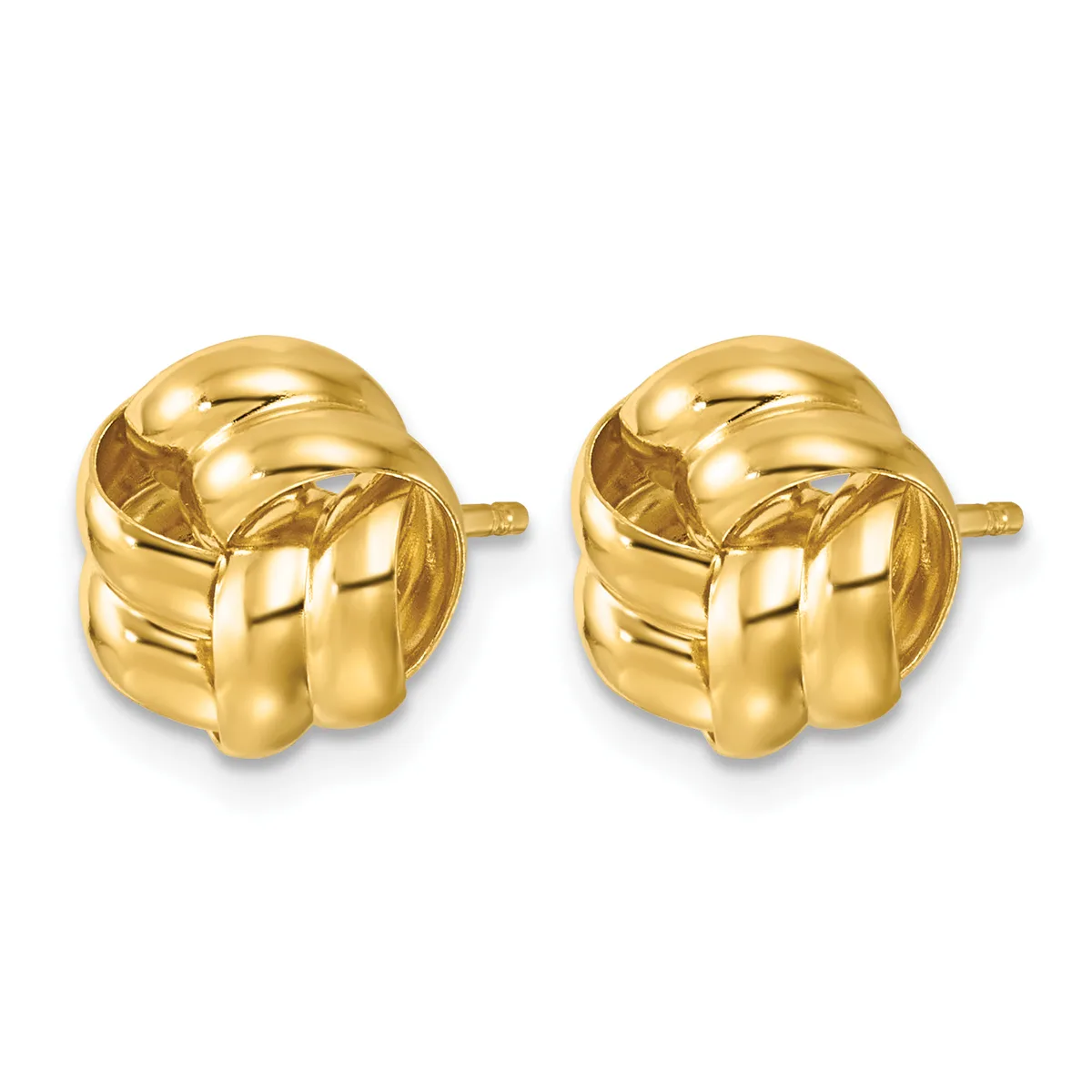 A pair of polished gold knot stud earrings with post backs, shown from the front against a white background.