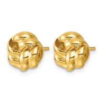 A pair of polished gold knot stud earrings with post backs, shown from the front against a white background.
