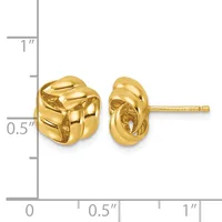 Pair of polished gold knot-shaped stud earrings displayed next to a ruler showing approximately half-inch height.