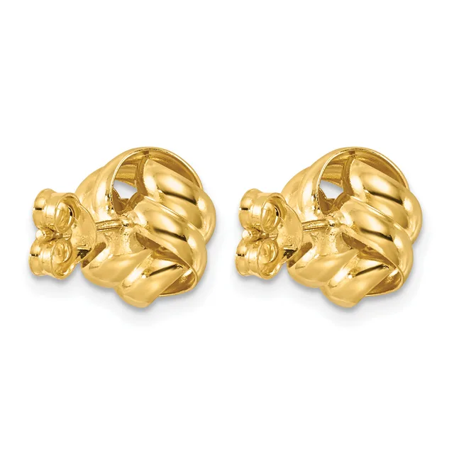 Pair of gold-colored puffy knot stud earrings with twisted texture and small floral posts, shown from the front against a white background.