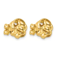 Pair of gold-colored puffy knot stud earrings with twisted texture and small floral posts, shown from the front against a white background.