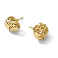 Pair of polished gold knot stud earrings with posts and backs, shown from front and angled views against a white background.