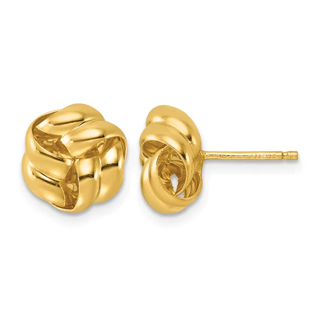 A pair of polished yellow gold knot stud earrings with post and butterfly backs, shown from front and side views.