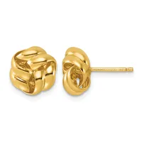 A pair of polished yellow gold knot stud earrings with post and butterfly backs, shown from front and side views.