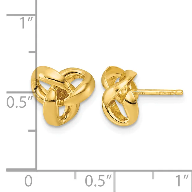 Pair of gold knot stud earrings displayed next to a ruler showing approximately half-inch height.