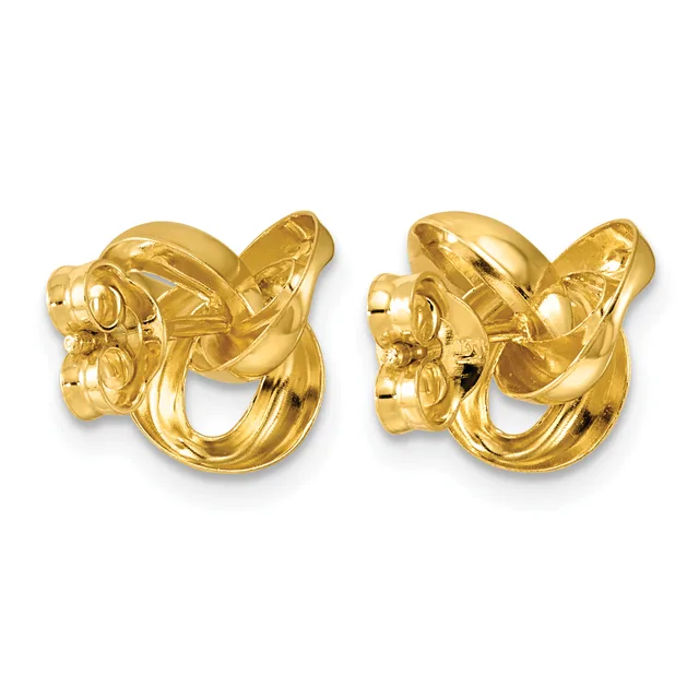 Pair of polished gold knot-shaped stud earrings with posts and backs, shown from front and back views.
