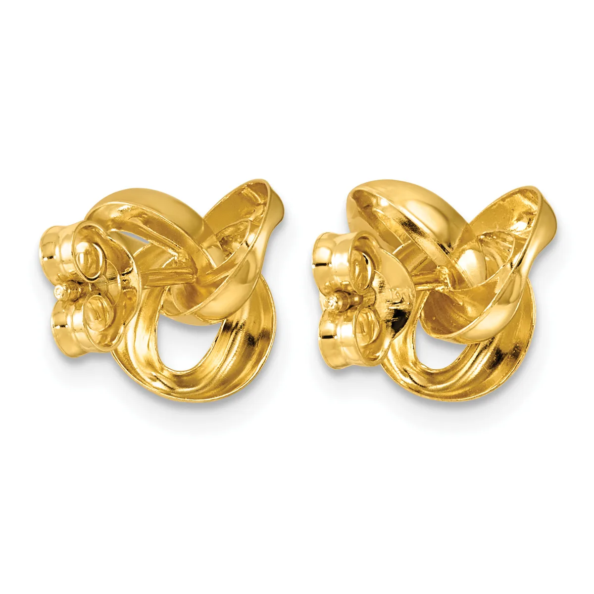 Pair of polished gold knot-shaped stud earrings with posts and backs, shown from front and back views.