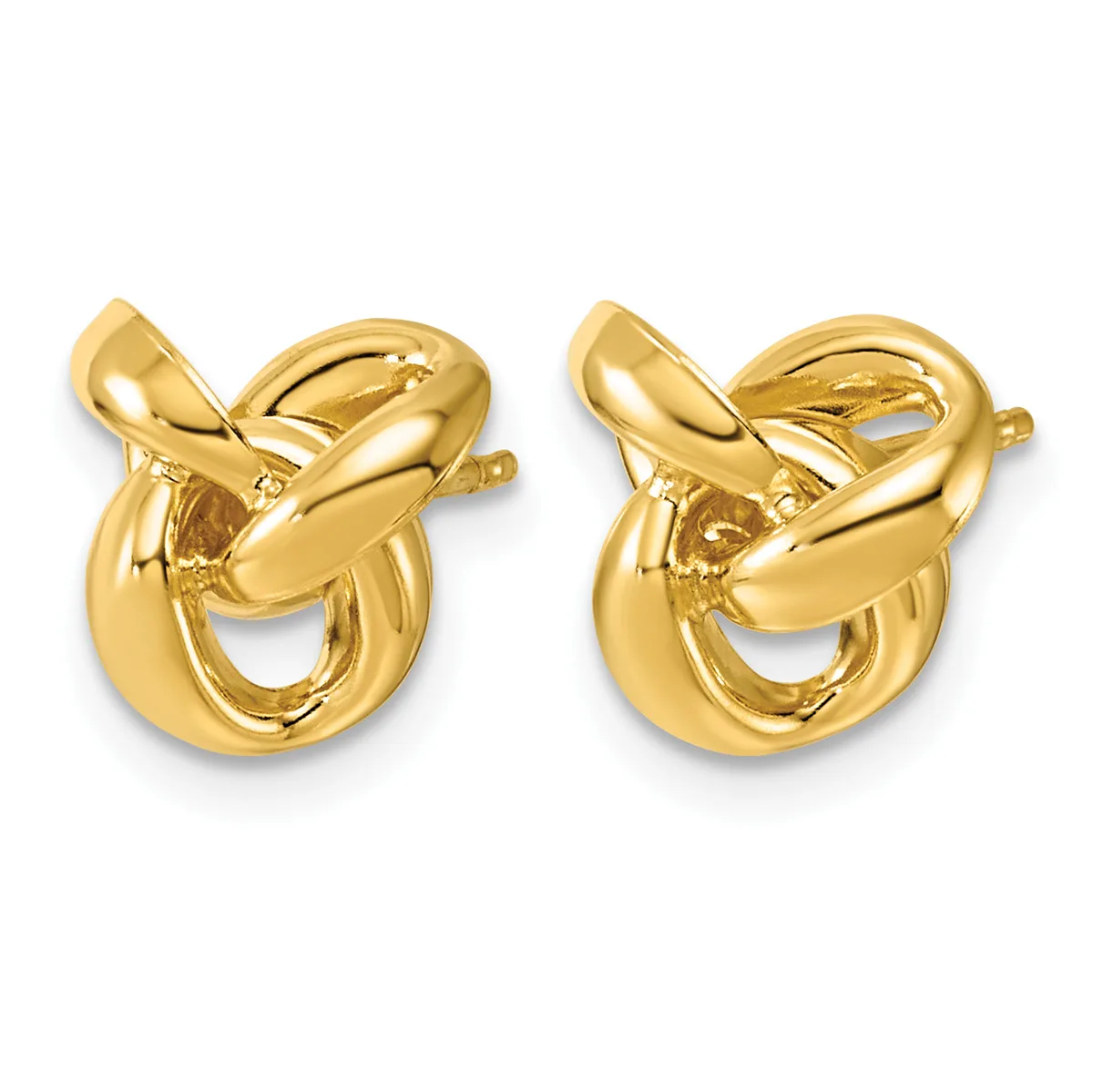A pair of polished gold knot-shaped stud earrings shown from front and back views, each featuring interlocking curved loops with small posts and backs.