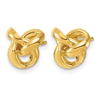 A pair of polished gold knot-shaped stud earrings shown from front and back views, each featuring interlocking curved loops with small posts and backs.