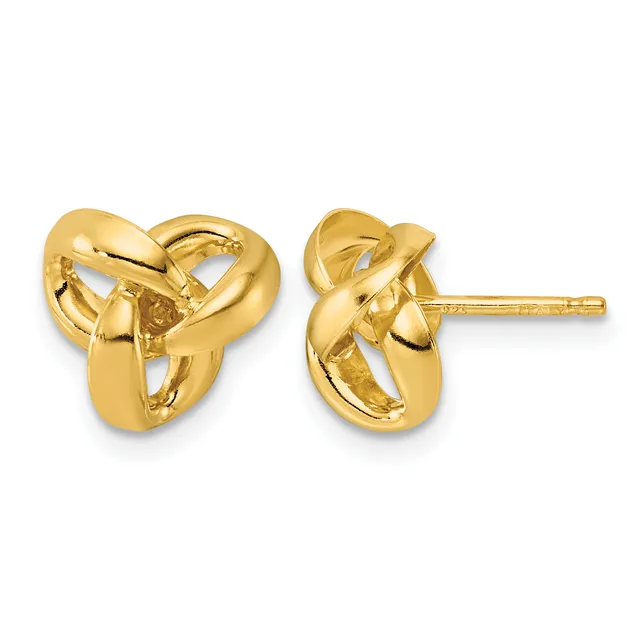 A pair of gold knot stud earrings with polished finish and posts shown from front and back views.