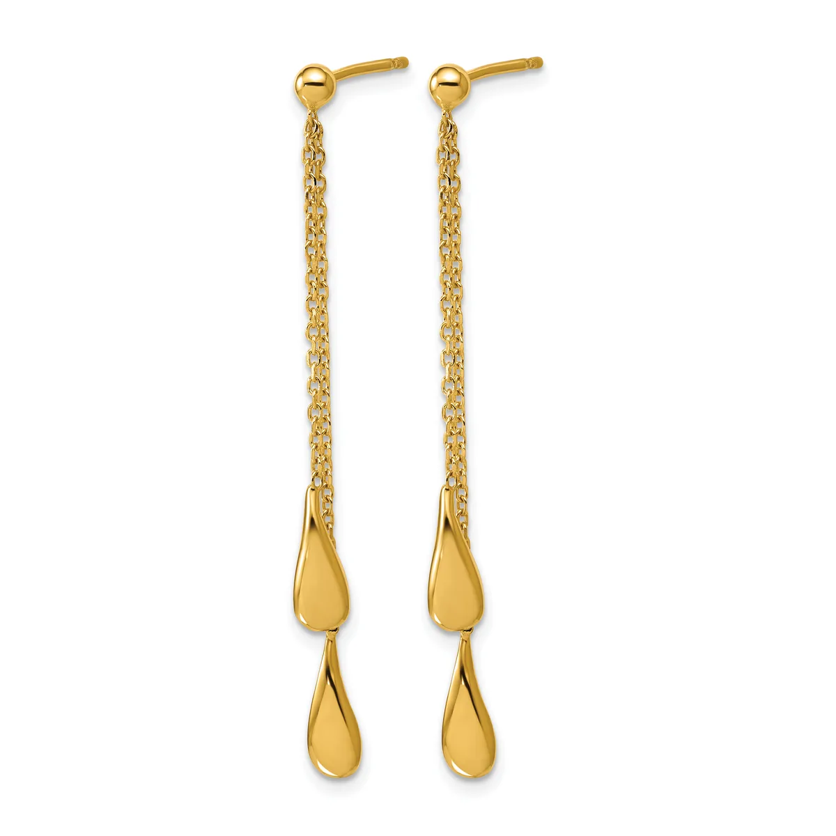 Pair of gold dangle earrings with ball studs at top, delicate chain links, and two teardrop-shaped pendants hanging from each earring.