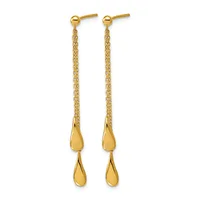 Pair of gold dangle earrings with ball studs at top, delicate chain links, and two teardrop-shaped pendants hanging from each earring.