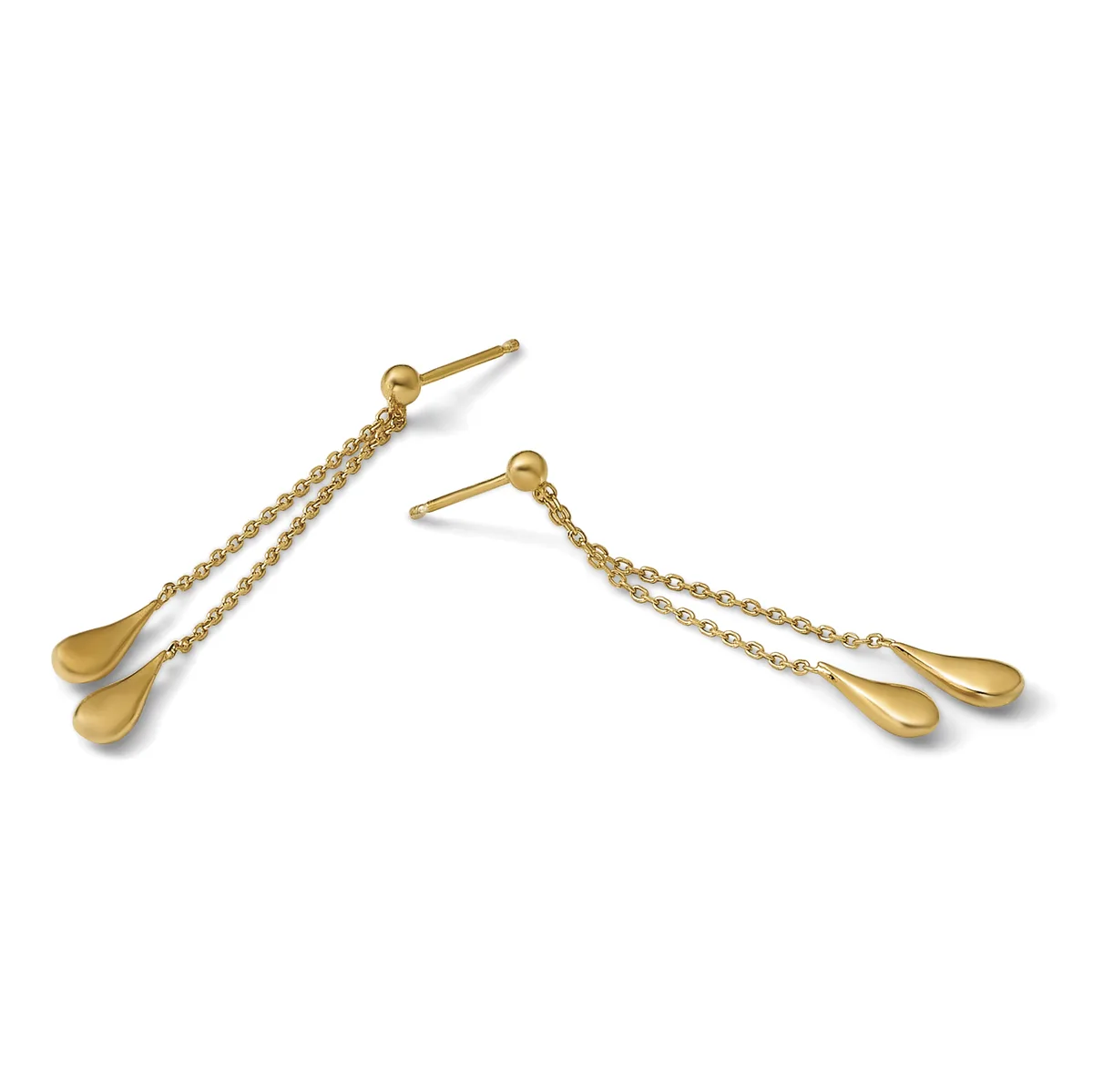 Pair of gold teardrop dangle earrings with chain details and post backs, displayed against a white background.