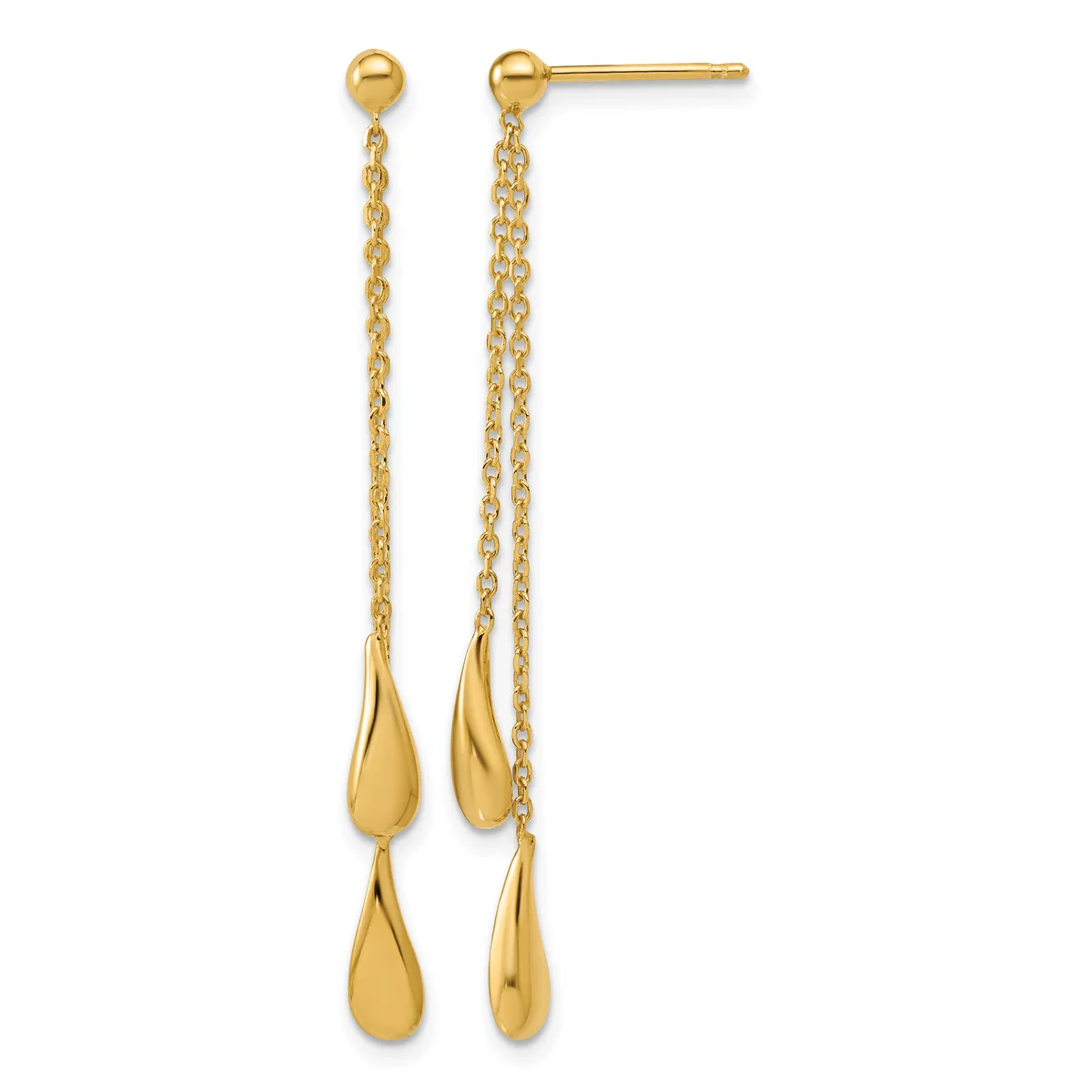 Pair of gold drop earrings with ball posts, delicate chain links, and two teardrop-shaped pendants dangling from each earring.