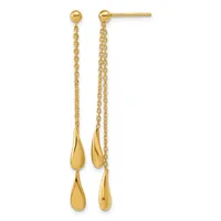 Pair of gold drop earrings with ball posts, delicate chain links, and two teardrop-shaped pendants dangling from each earring.