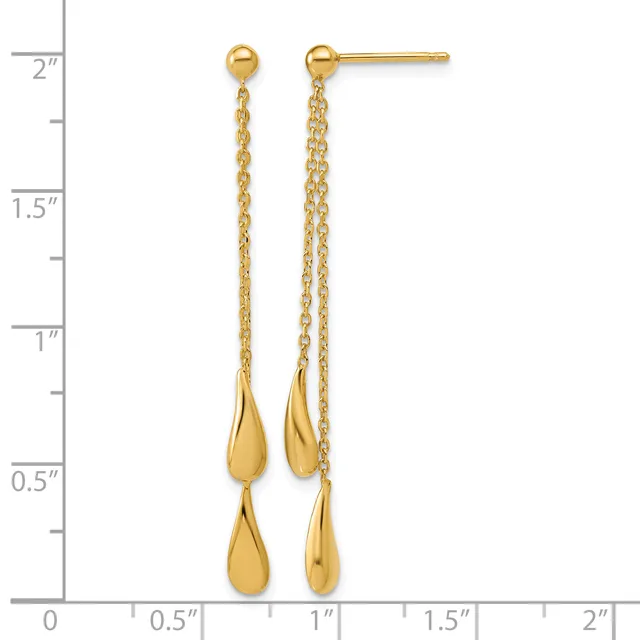 Pair of gold dangle earrings with ball studs and chain-suspended teardrop pendants, shown against a measurement scale indicating approximately two inches in length.