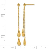 Pair of gold dangle earrings with ball studs and chain-suspended teardrop pendants, shown against a measurement scale indicating approximately two inches in length.