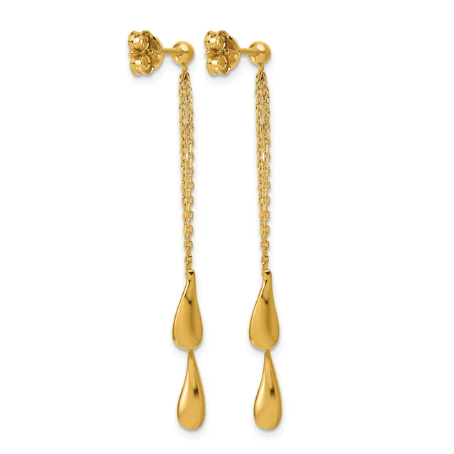 Pair of gold drop earrings with teardrop-shaped pendants hanging from delicate chains attached to stud posts.