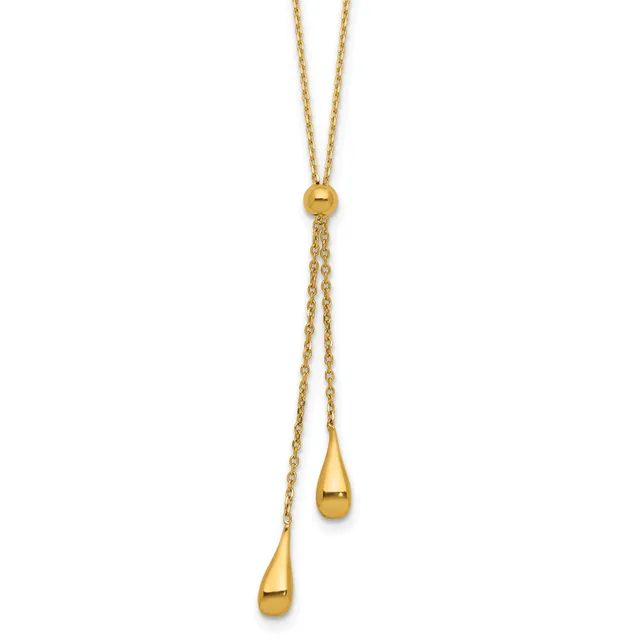 Gold-toned lariat necklace with a sliding bead closure and two teardrop pendants hanging at different lengths.