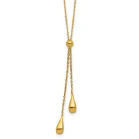 Gold-toned lariat necklace with a sliding bead closure and two teardrop pendants hanging at different lengths.