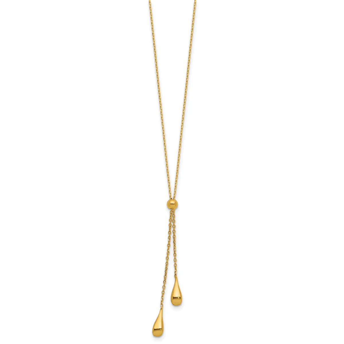 Gold-toned lariat necklace with two small teardrop pendants hanging from adjustable chain ends.