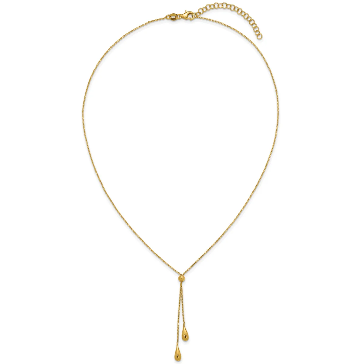 Gold-toned chain necklace with an adjustable length and two small teardrop pendants hanging from the center.