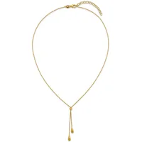 Gold-toned chain necklace with an adjustable length and two small teardrop pendants hanging from the center.