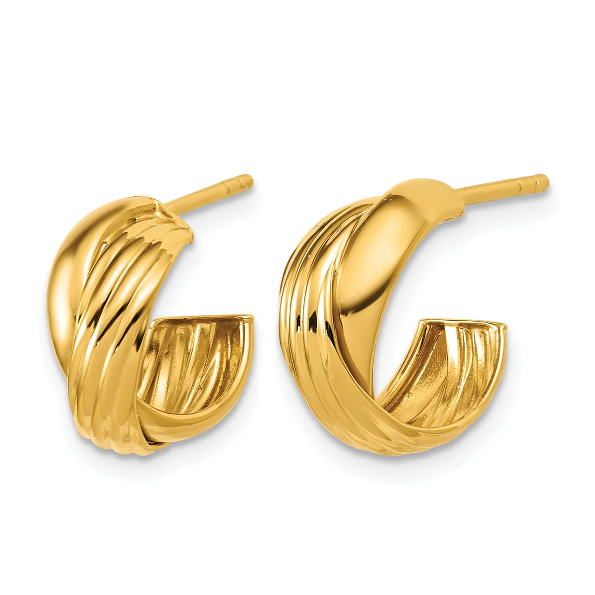 A pair of gold-toned hoop earrings with a ridged texture, shown from the front and back views against a white background.
