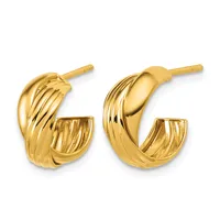 A pair of gold-toned hoop earrings with a ridged texture, shown from the front and back views against a white background.