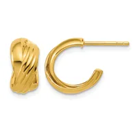 A pair of gold hoop earrings with twisted texture on the left and smooth curved design on the right, displayed against a white background.
