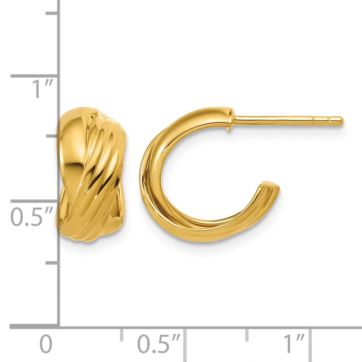 A pair of gold hoop earrings with textured twisted surfaces, displayed next to a measurement ruler showing approximately one inch in length.