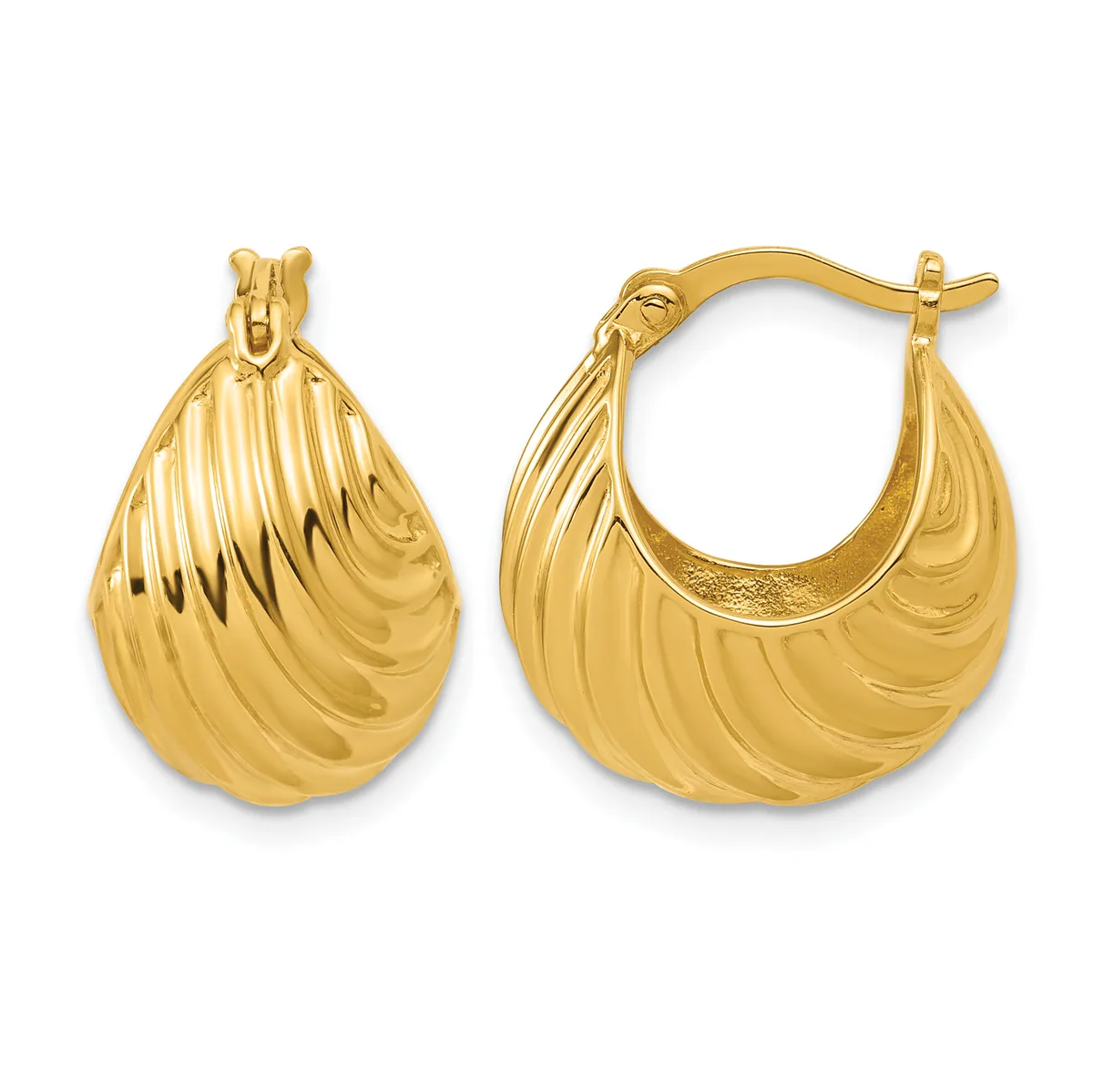 A pair of gold teardrop-shaped hoop earrings with ridged texture, shown from front and side views, featuring a hinged post closure.