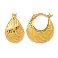 A pair of gold teardrop-shaped hoop earrings with ridged texture, shown from front and side views, featuring a hinged post closure.